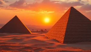 Pyramids at sunset with ancient hieroglyphics and desert backdrop.