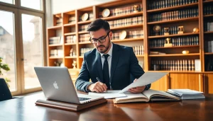 Engaging intellectual property lawyer analyzing case files in a professional office environment.