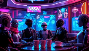 Explore the best NSFW AI chatbots in a vibrant virtual café, showcasing futuristic characters and engaging interactions.