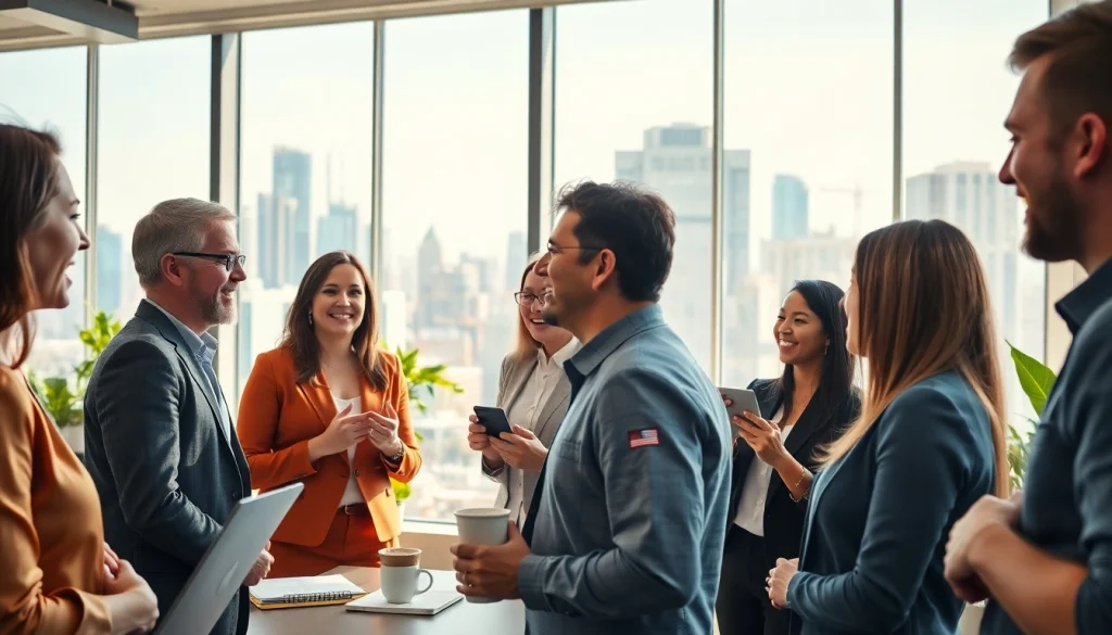 Engaging team meeting at https://buyingst.com with city views, showcasing collaboration.