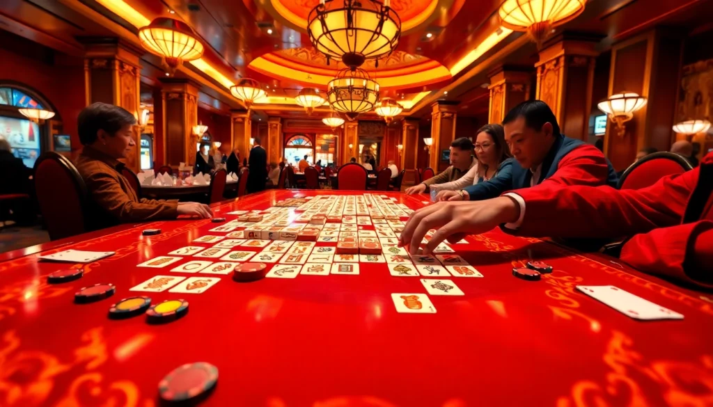 Engage in link mahjong with an elegant casino scene featuring intricate tiles and excited players.