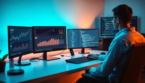 Web scrapping in a modern tech workspace with financial charts and coding interfaces.