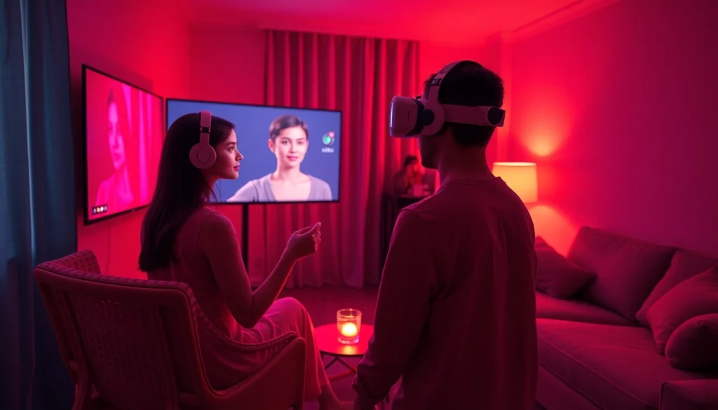 Engaging NSFW character AI in a cozy, ambient-lit room.