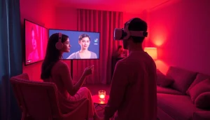 Engaging NSFW character AI in a cozy, ambient-lit room.