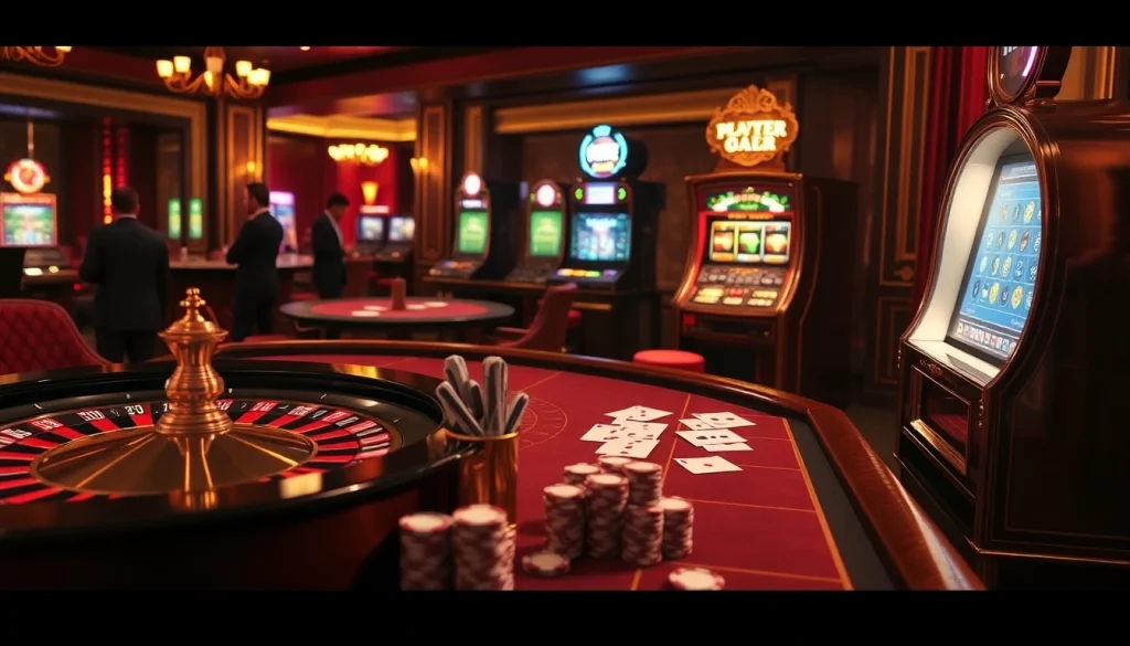 High-stakes poker table showcasing FLY88 chips and cards in an upscale casino atmosphere.