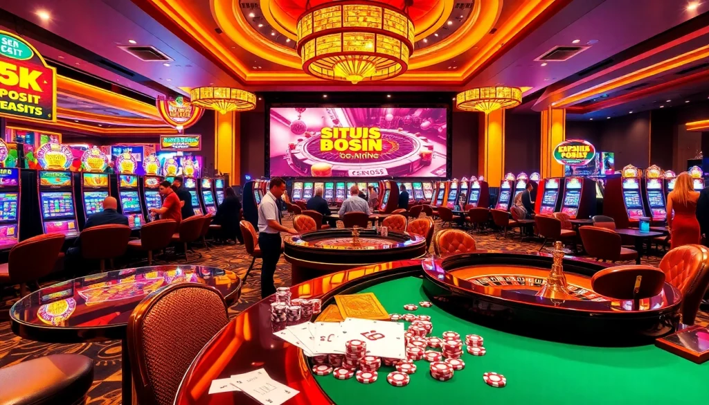 Pemain yang antusias menikmati permainan berwarna-warni di kasino mewah, mendukung situs deposit 5K.