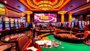 Pemain yang antusias menikmati permainan berwarna-warni di kasino mewah, mendukung situs deposit 5K.