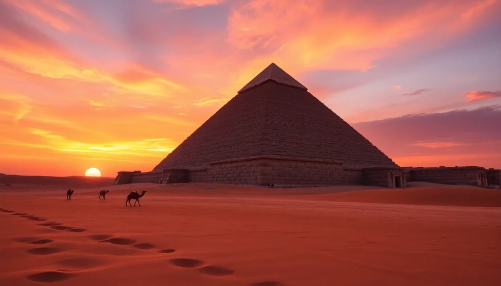 Experience the majestic pyramids with a stunning sunset backdrop highlighting piraminds ancient architecture.