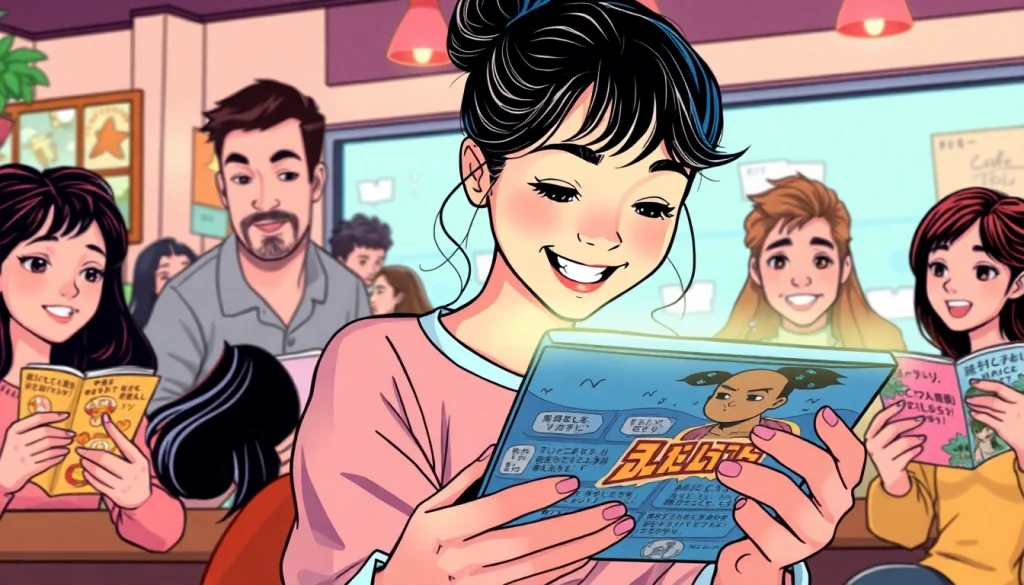 다양한 장르의 무료웹툰을 즐기는 캐릭터들이 있는 일러스트