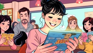 다양한 장르의 무료웹툰을 즐기는 캐릭터들이 있는 일러스트