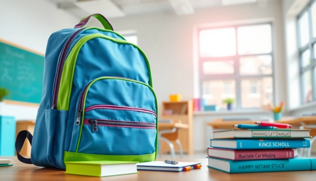 Stylische Handytasche Schule auf einem Schultisch mit Büchern und Schreibmaterialien.