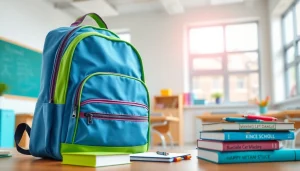 Stylische Handytasche Schule auf einem Schultisch mit Büchern und Schreibmaterialien.