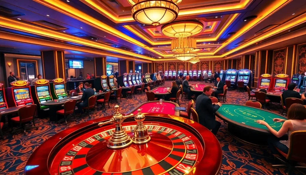 Engaging players enjoying thrilling games at NK88 casino with vibrant roulette and slot machines.