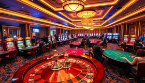 Engaging players enjoying thrilling games at NK88 casino with vibrant roulette and slot machines.