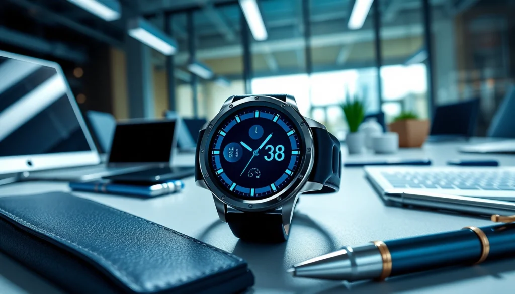 Showcase of a Pulse Smart Watch highlighting its sleek design in a professional setting.