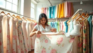 Stof voor jurk kopen: kleurrijke stoffen in een elegante stoffenwinkel.