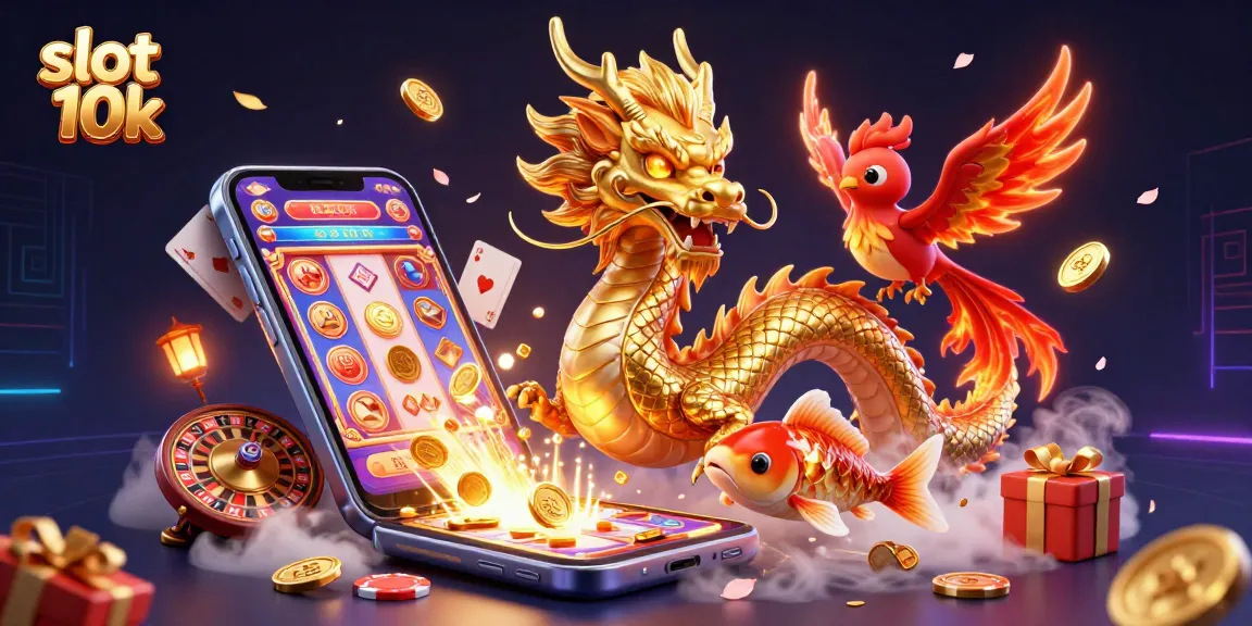 Spin and win in vibrant slot 10k action featuring a golden dragon, phoenix, and koi fish amidst casino game elements.