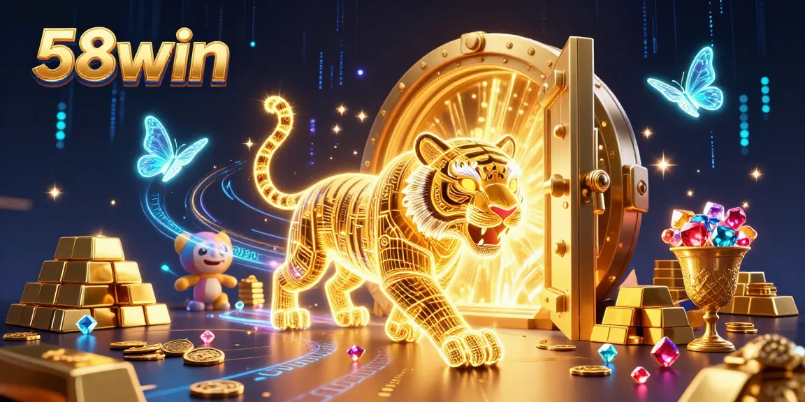 Experience the thrilling digital casino world with 58win's vibrant 3D illustration featuring a neon tiger.
