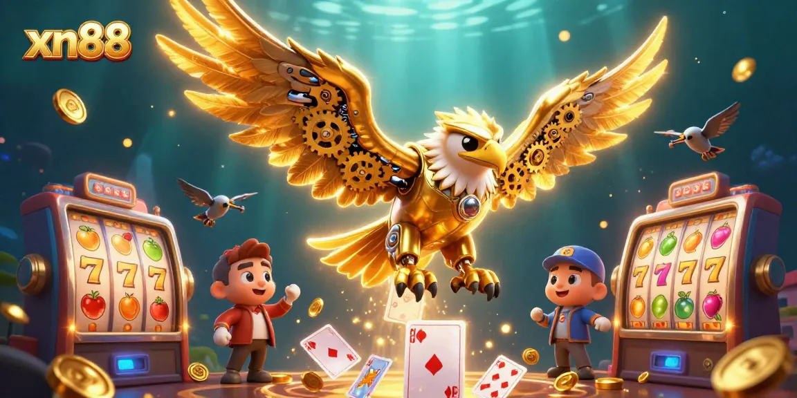 Xn88 engages players with a dynamic casino scene featuring a golden eagle and vivid slot symbols.