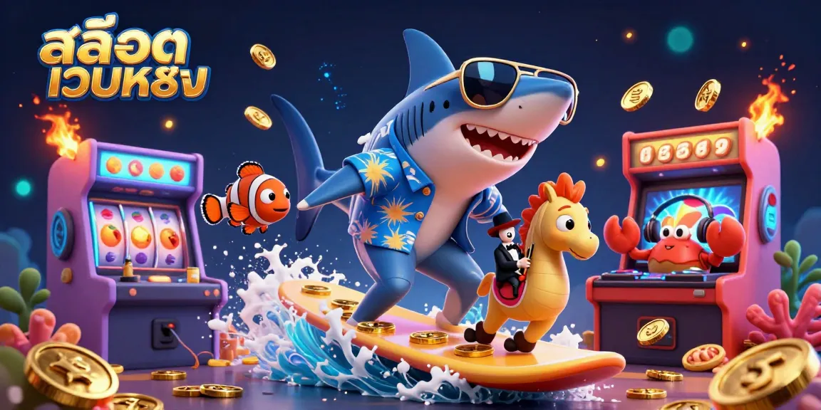 Experience the thrill of สล็อตเว็บตรง with vibrant 3D characters surfing on gold coins around slot reels.