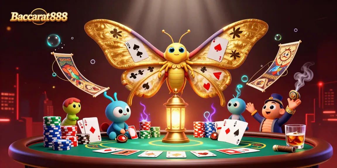 Baccarat888 enchants with a vibrant 3D casino scene featuring an atlas moth and high-stakes action.