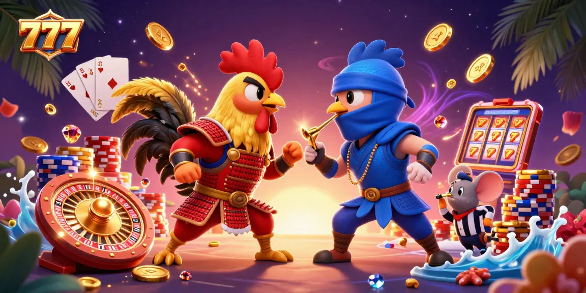 Experience thrilling action with 777 as roosters in samurai and ninja gear battle amidst cascading coins and vibrant casino elements.