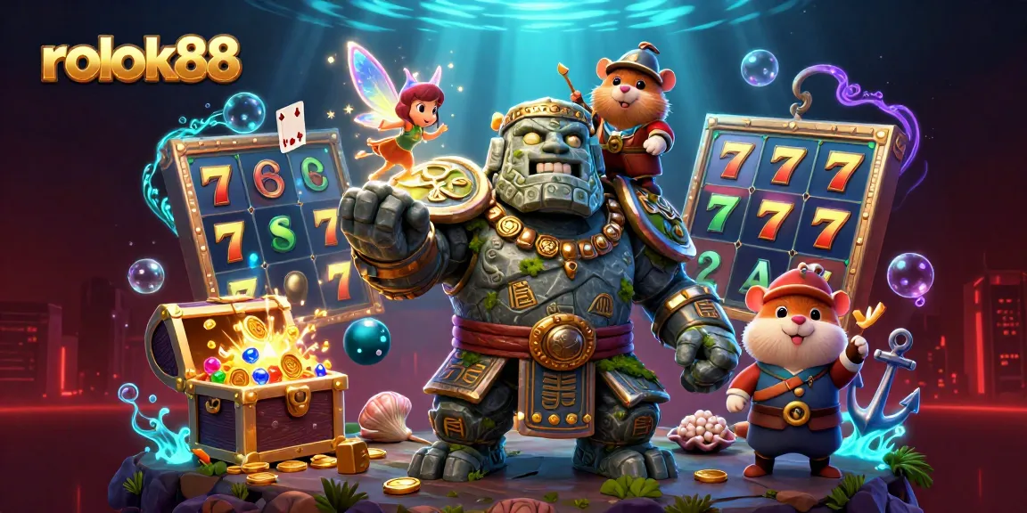 Engage with rokok88, a vibrant casino scene featuring a magical golem guardian, treasure, and gaming elements.