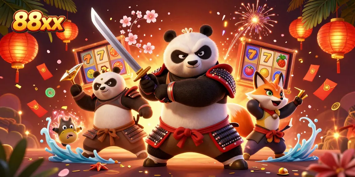Join the thrilling action at 88xx with a fierce panda samurai and dynamic casino elements.