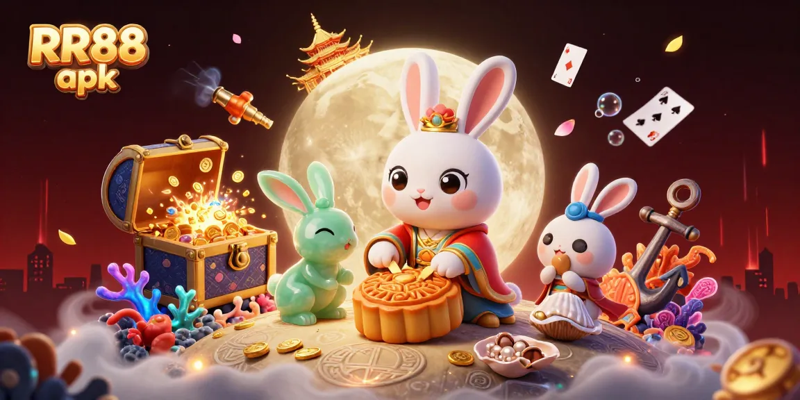 Experience the thrill of gambling with RR88 apk, showcasing lively poker chips and a whimsical moon rabbit!